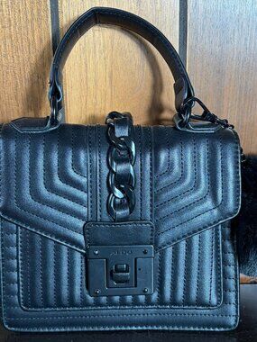 Aldo Jerilini Quilted Top Handle Satchel Bag Black Turn Lock w/ Removable Strap